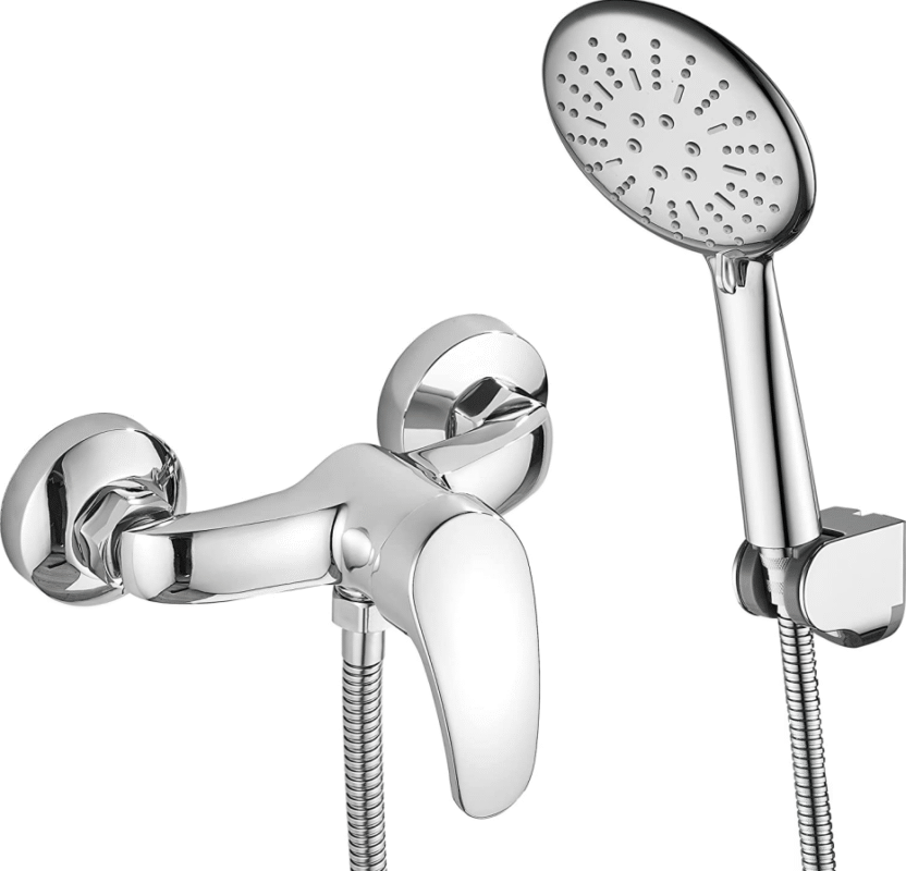 A close-up of a chrome thermostatic shower mixer set, highlighting precision temperature controls and high-quality finish.