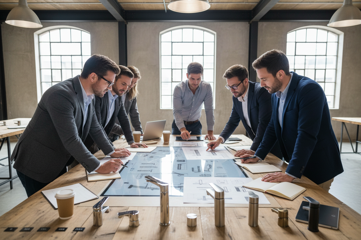 A team of designers and engineers reviewing faucet blueprints, illustrating the process of choosing a sanitary ware manufacturer.