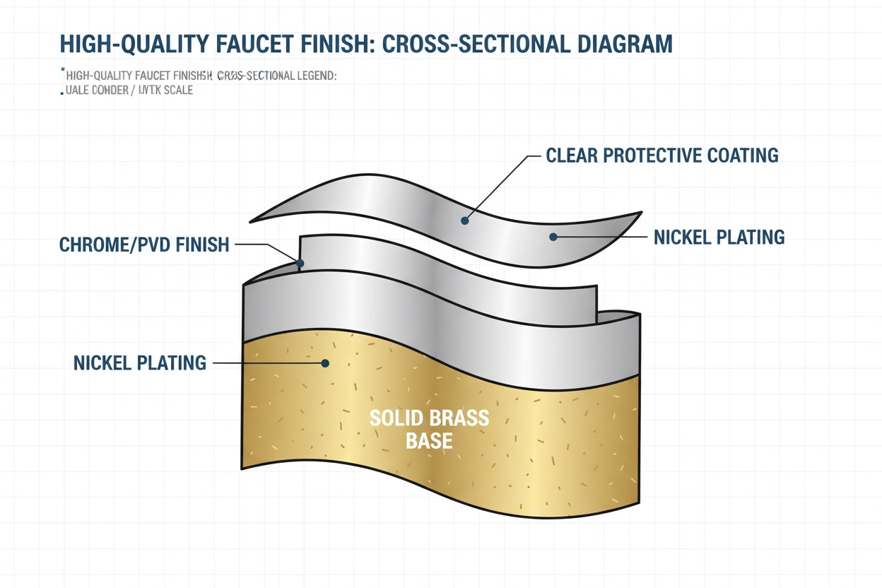 A technical diagram showing the layers of a faucet finish, from the brass core to the outer coating, explaining the manufacturing process.