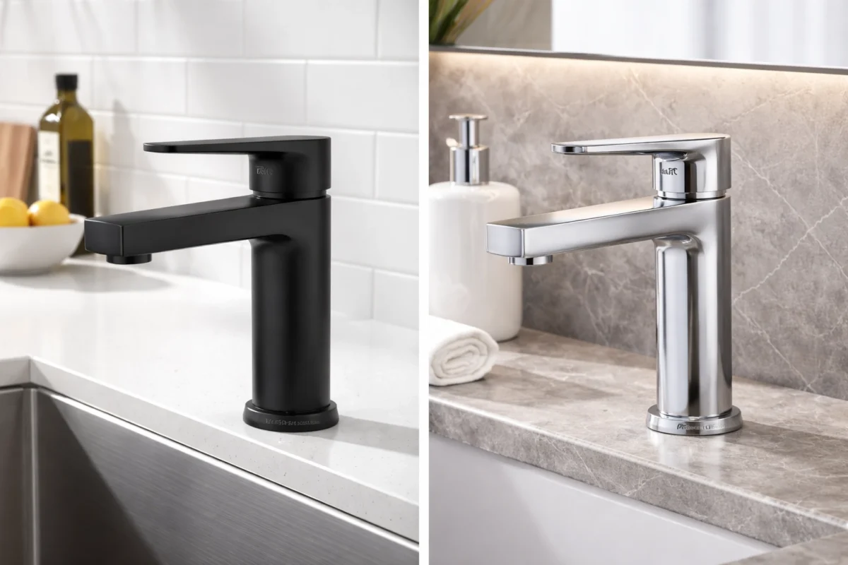 A side-by-side comparison of a matte black kitchen faucet and a polished chrome bathroom faucet, showcasing two popular faucet finishes.