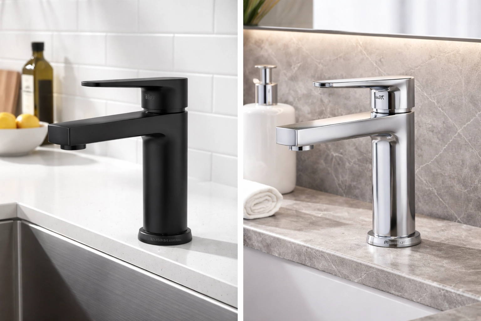 A side-by-side comparison of a matte black kitchen faucet and a polished chrome bathroom faucet, showcasing two popular faucet finishes.