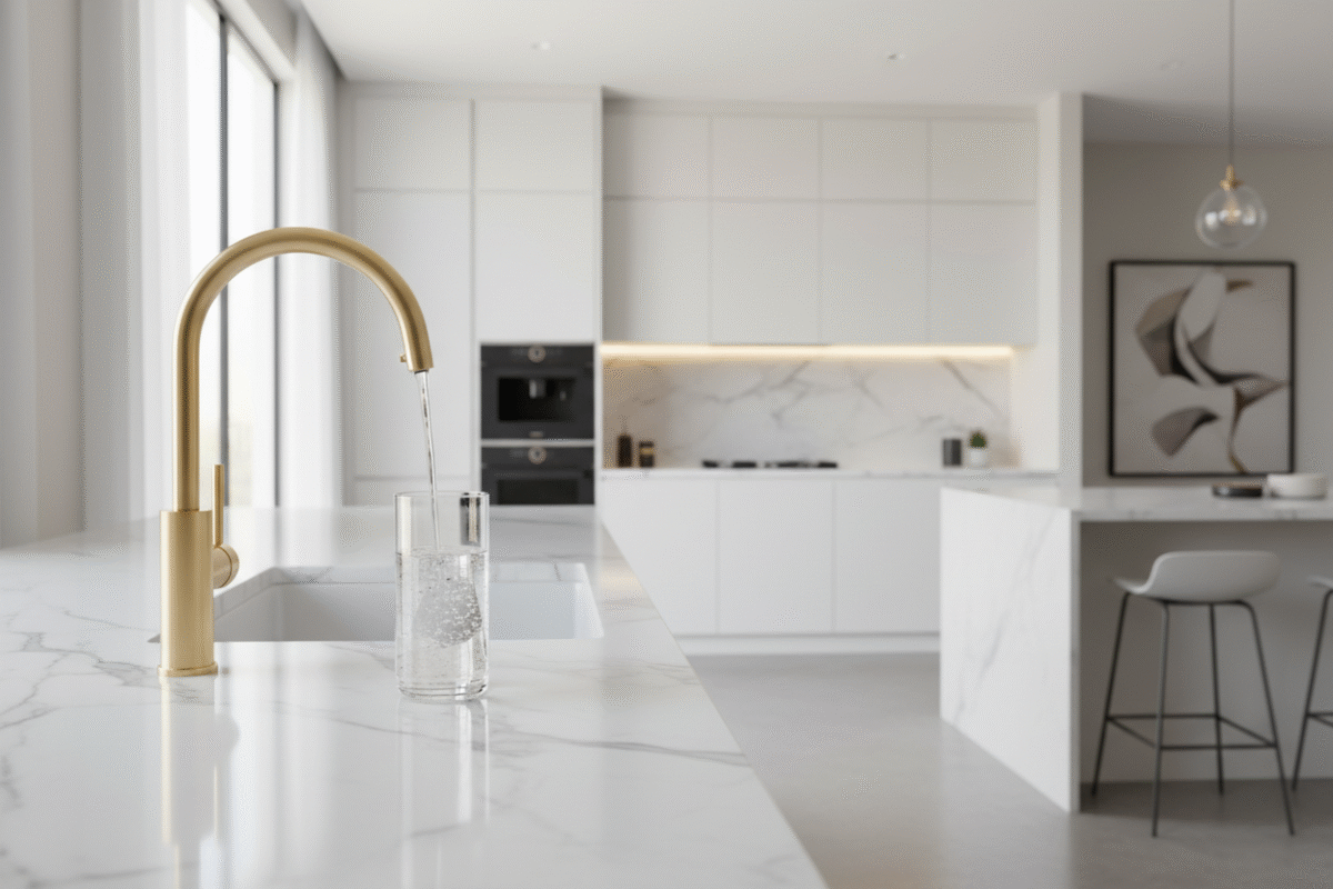 A modern 3 way kitchen faucet in brushed gold filling a glass with filtered water, highlighting its all-in-one design.