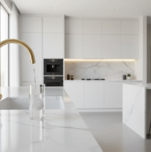 A modern 3 way kitchen faucet in brushed gold filling a glass with filtered water, highlighting its all-in-one design.