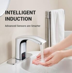 A hand activating a motion sensor faucet, showing the touchless water-saving technology in action.