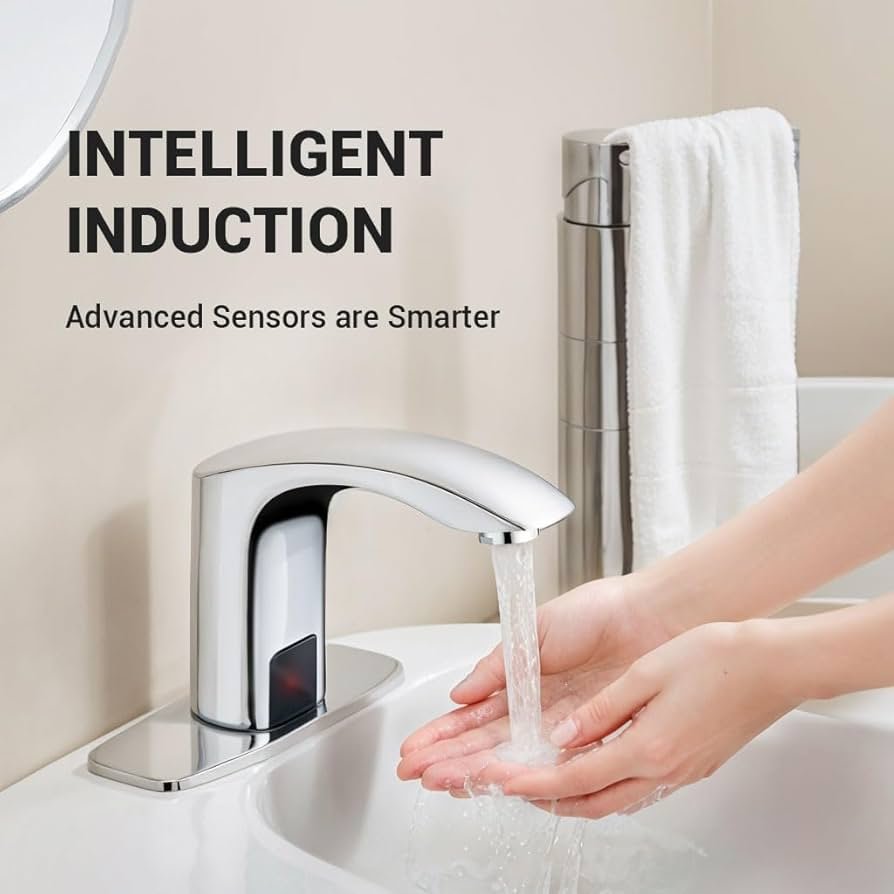 A hand activating a motion sensor faucet, showing the touchless water-saving technology in action.