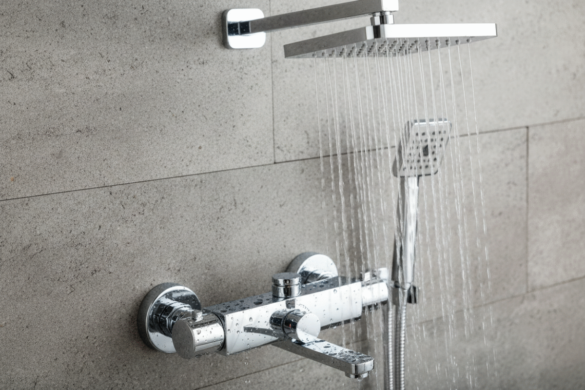A polished chrome thermostatic shower system with a rain showerhead and handheld sprayer, essential for hotel safety and comfort.