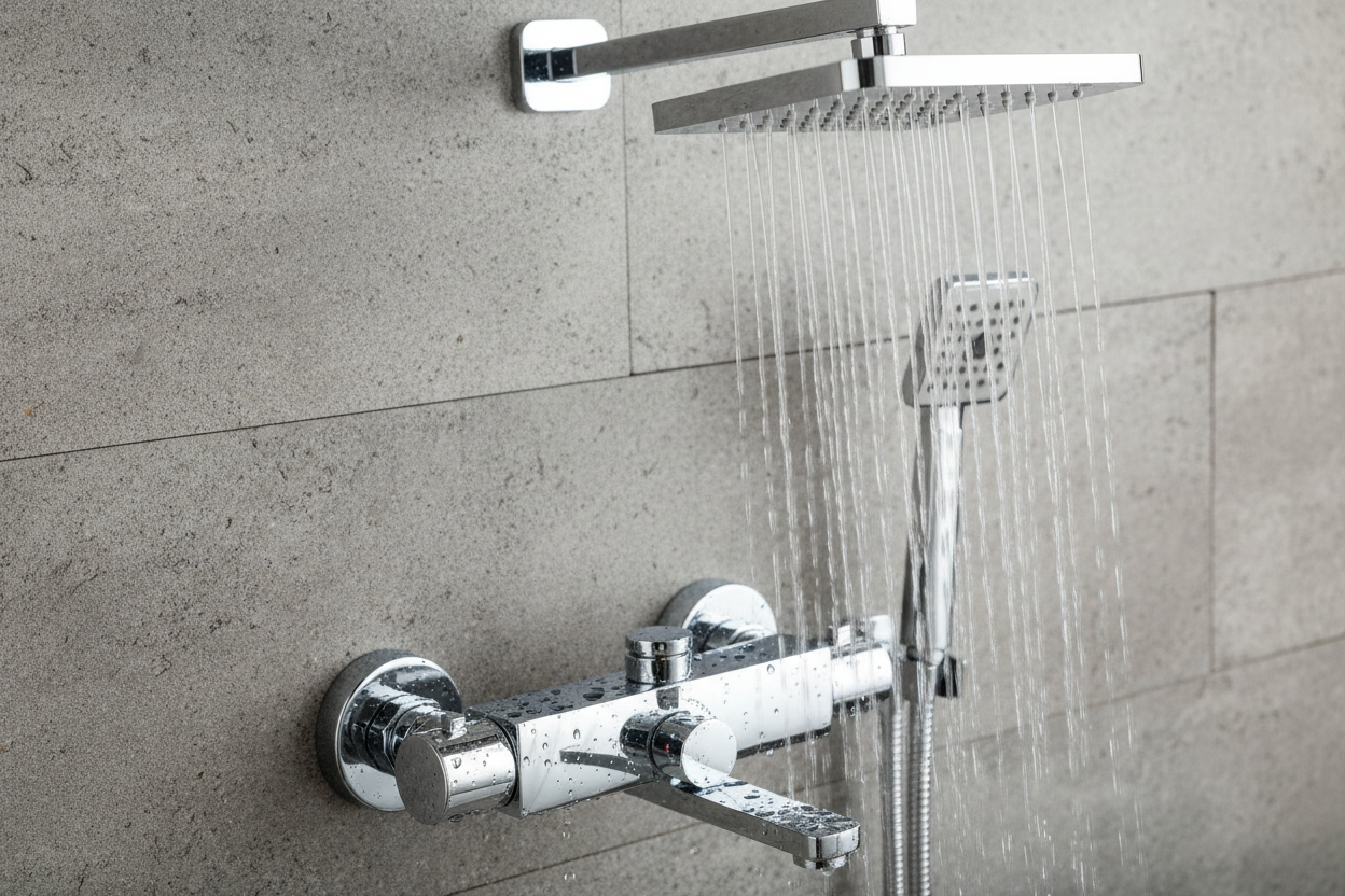 A polished chrome thermostatic shower system with a rain showerhead and handheld sprayer, essential for hotel safety and comfort.