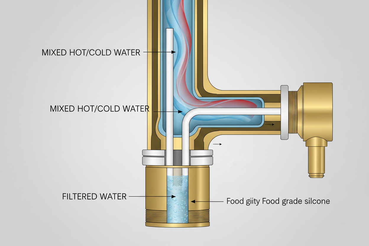 Cross-section of a 3 way kitchen faucet spout showing dual independent waterways for filtered and tap water.