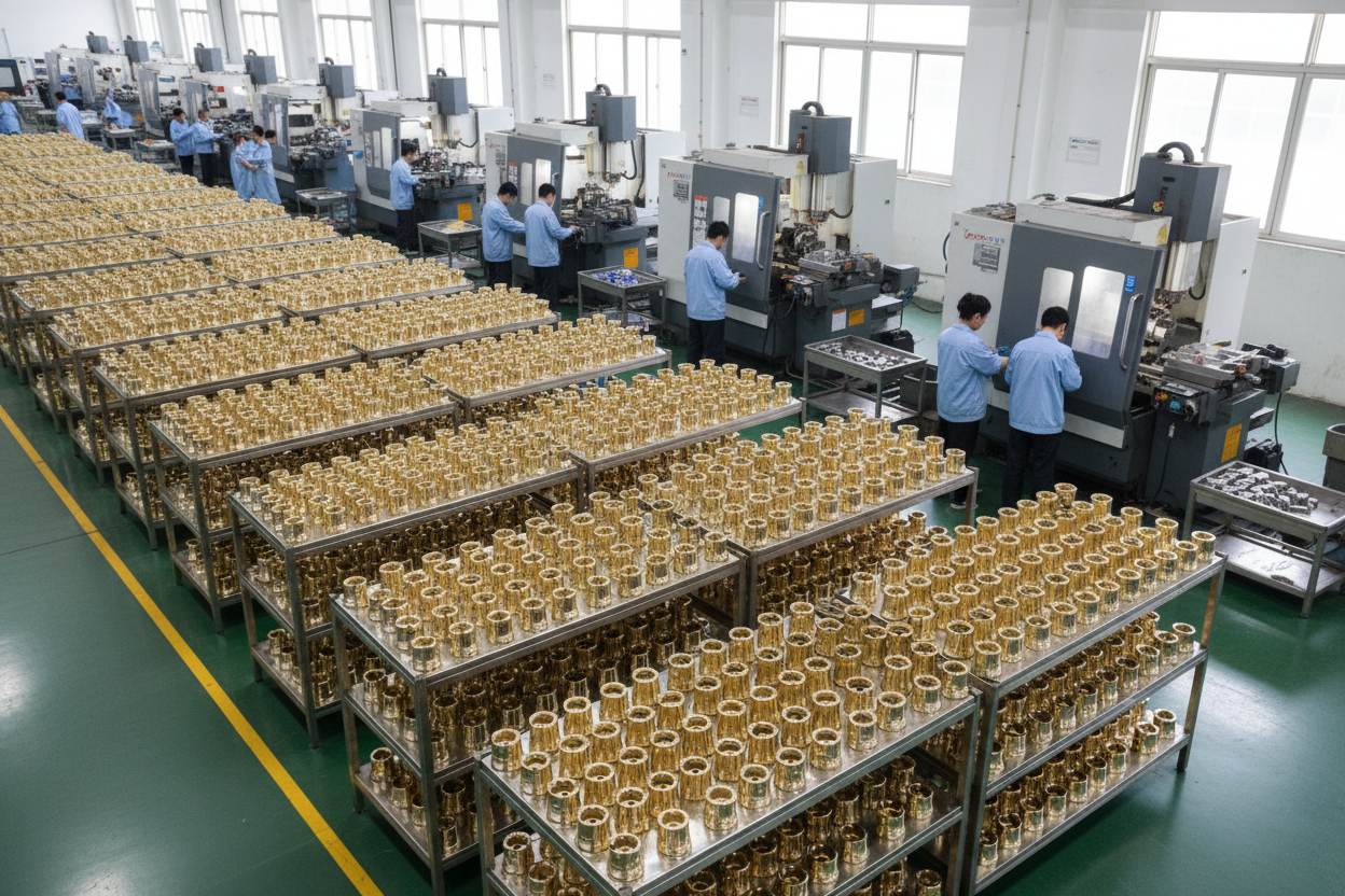 A professional faucet factory floor in China showcasing large-scale production and modern CNC machinery.