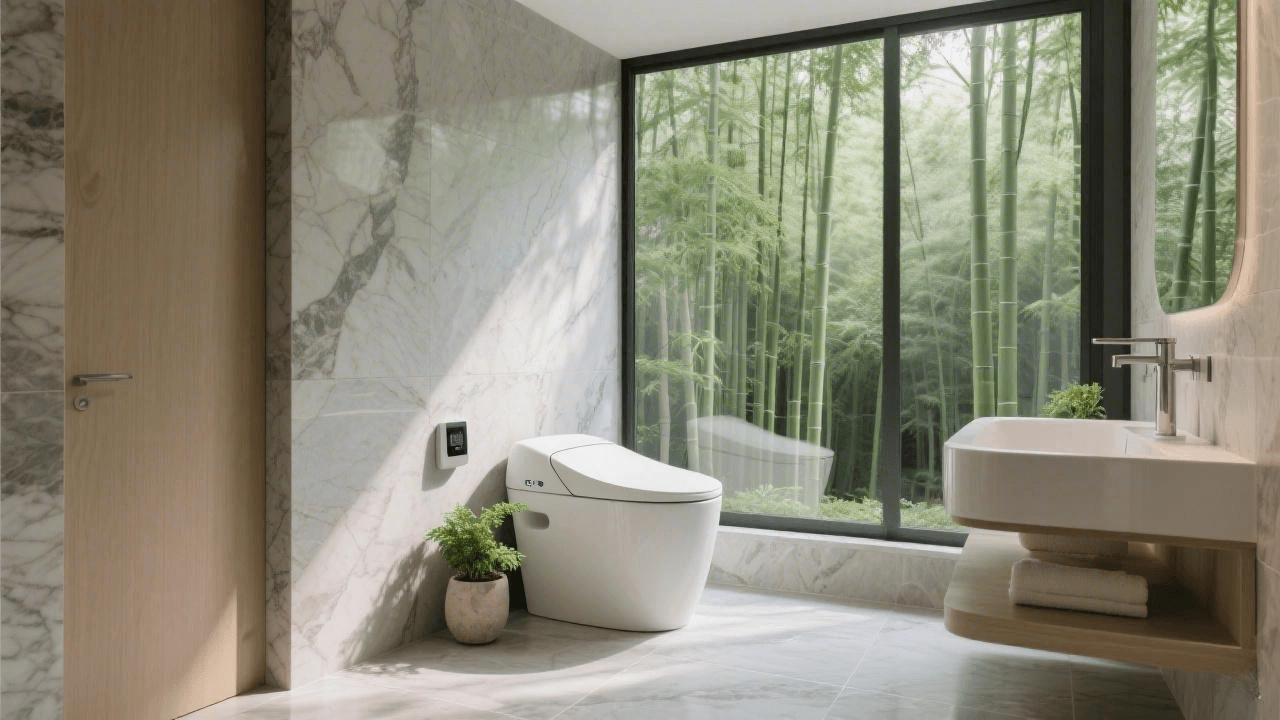 A modern tankless bidet toilet in a sustainable, eco-friendly bathroom setting.