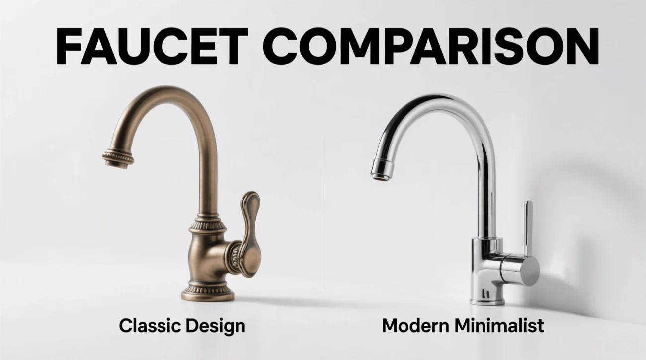 A side-by-side comparison of a traditional high arc faucet and a modern pull down kitchen faucet.