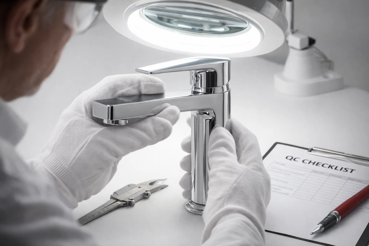 A quality control inspector examining a finished faucet, illustrating the rigorous vetting process for a faucet supplier.