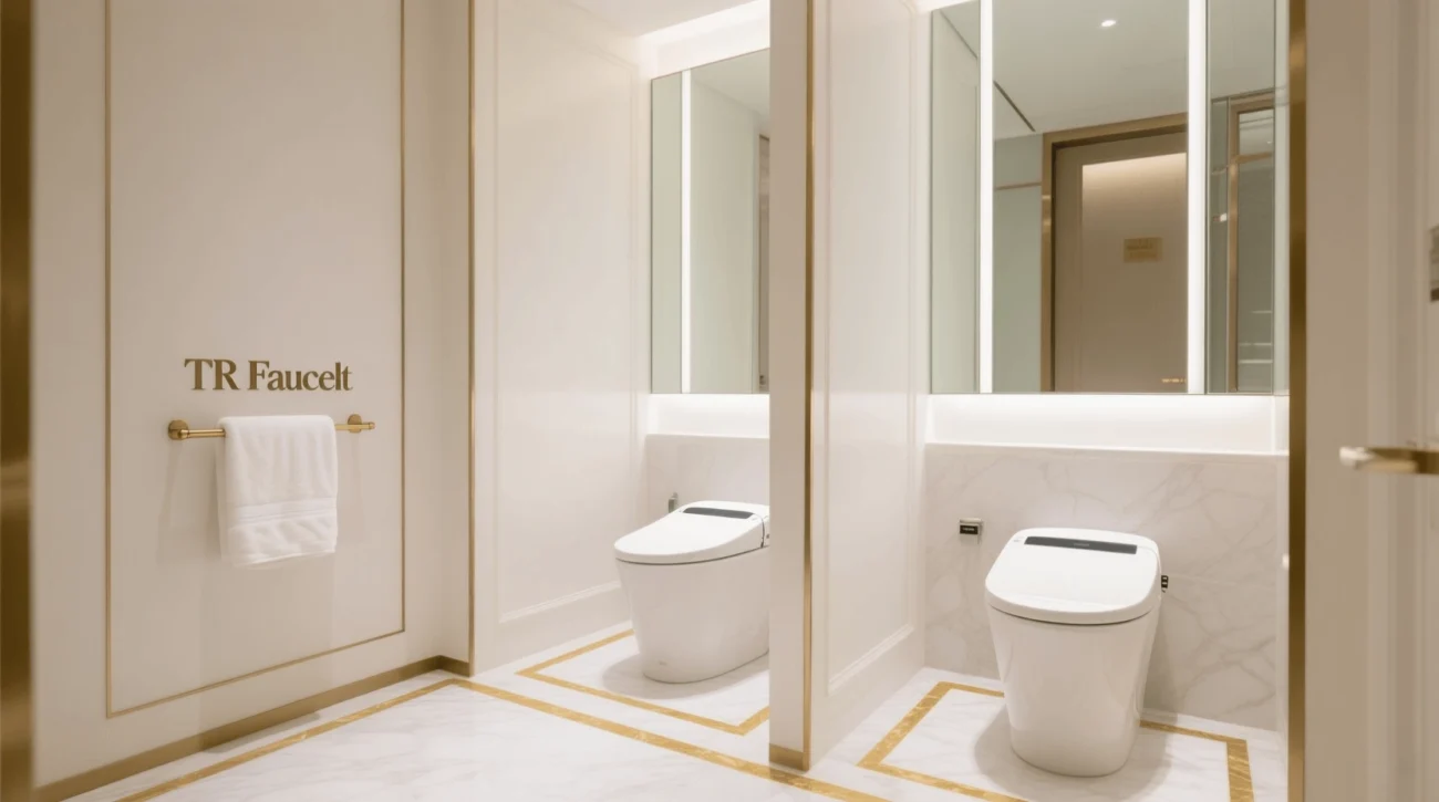 Integrated bidet toilets installed in a luxury hotel bathroom, showing their application in commercial projects.