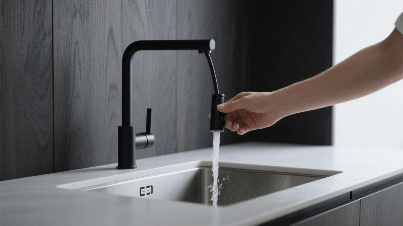 A person using the sprayer of a matte black pull down kitchen faucet to clean a sink.