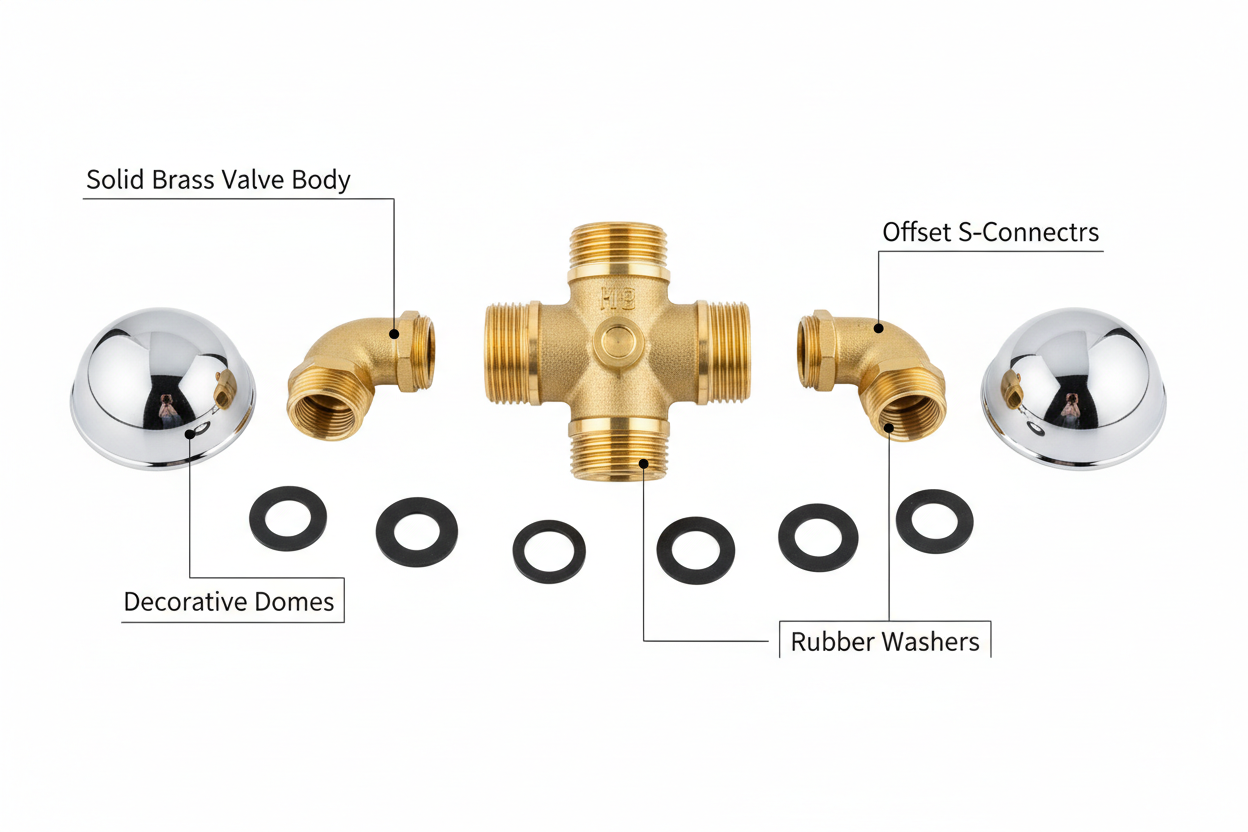 A complete shower mixer installation kit, showing the brass valve body, offset connectors, and decorative covers.