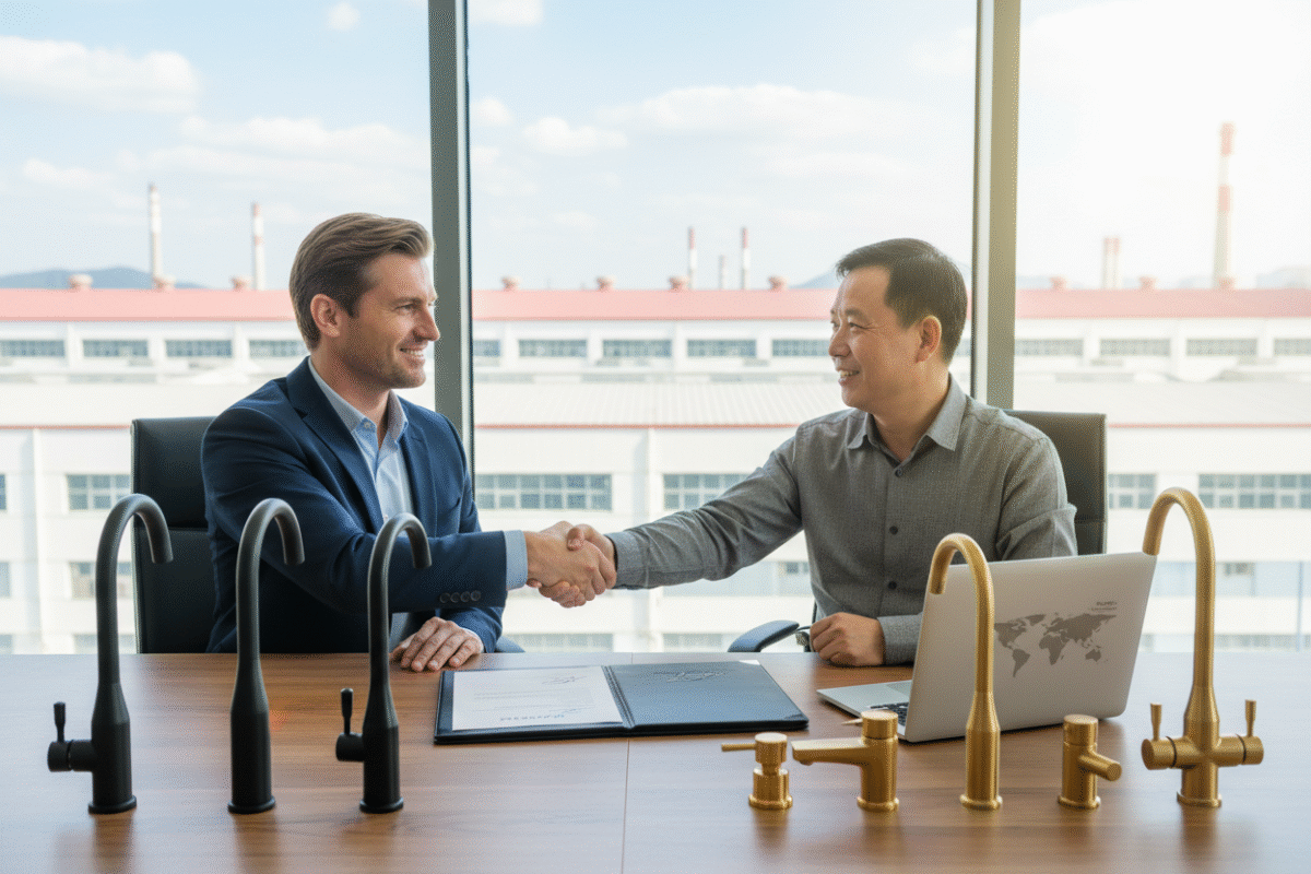 A successful B2B partnership between an international buyer and a China faucet supplier, symbolizing trust and collaboration.