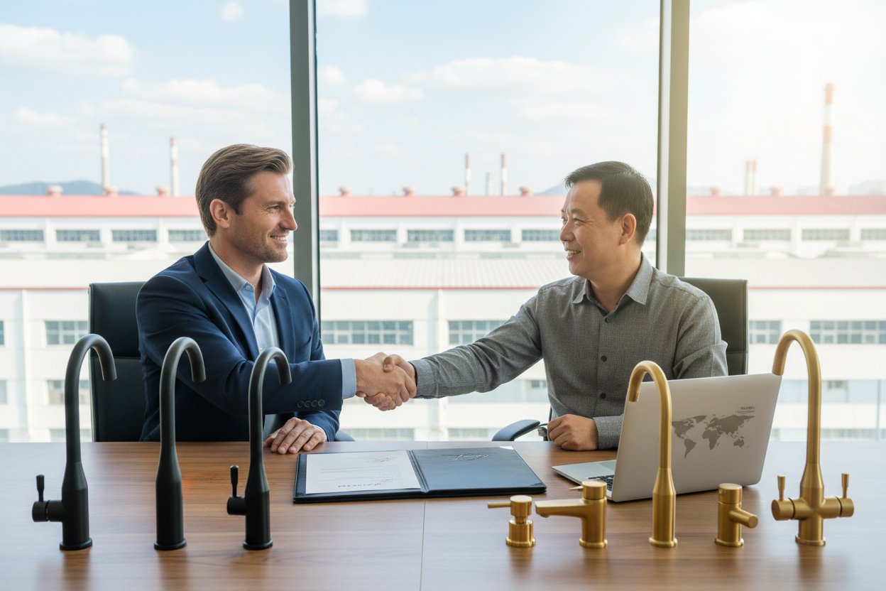 A successful B2B partnership between an international buyer and a China faucet supplier, symbolizing trust and collaboration.