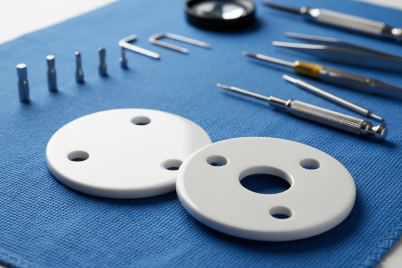 A detailed close-up of two polished ceramic discs from a high-quality faucet cartridge, explaining leak-proof technology.