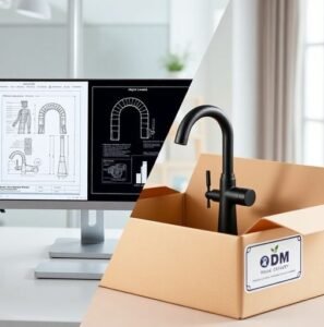 A visual representation of the Faucet OEM Service, showing the transition from technical CAD design to a finished branded product.
