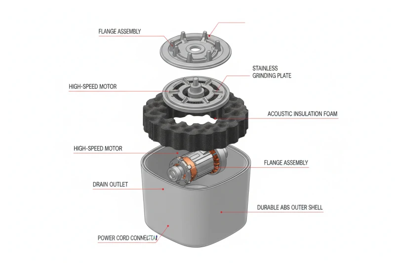 Technical exploded view of a quiet food waste disposer showing sound insulation layers and stainless steel components.