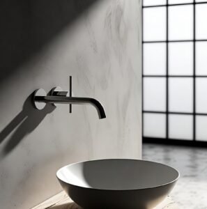 A matte black wall mount bathroom faucet installed above a white vessel sink on a wooden vanity, illustrating space-saving and modern design.