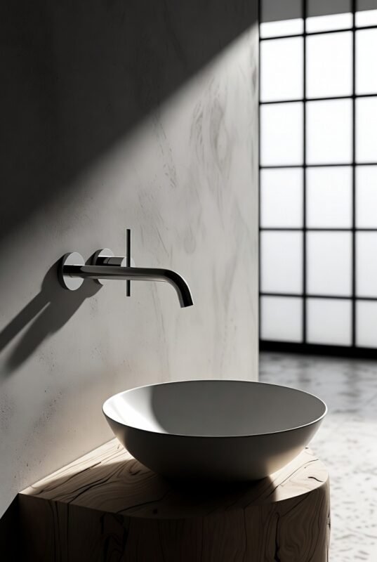 A matte black wall mount bathroom faucet installed above a white vessel sink on a wooden vanity, illustrating space-saving and modern design.