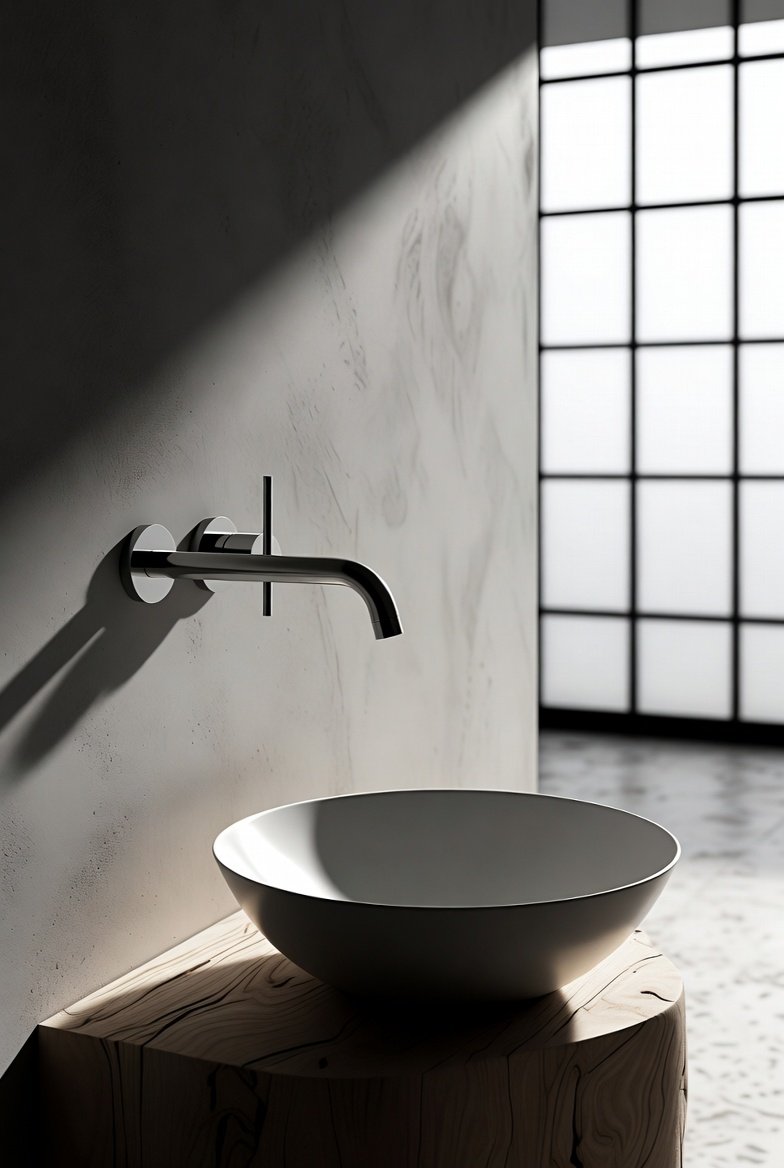 A matte black wall mount bathroom faucet installed above a white vessel sink on a wooden vanity, illustrating space-saving and modern design.