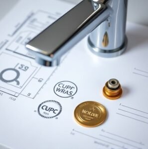 A polished chrome faucet resting on international certification documents like cUPC and WRAS, symbolizing global compliance.