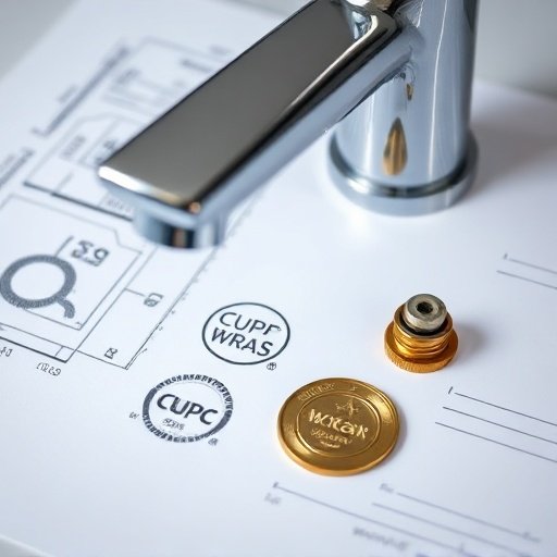 A polished chrome faucet resting on international certification documents like cUPC and WRAS, symbolizing global compliance.