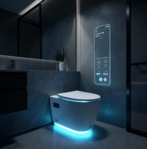 A modern smart toilet integrated with a smartphone app, showcasing the connected smart bathroom ecosystem.