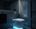 A modern smart toilet integrated with a smartphone app, showcasing the connected smart bathroom ecosystem.