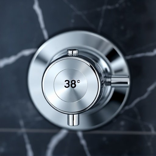 A close up of a polished chrome thermostatic shower mixer valve on a dark marble wall, highlighting precision temperature control.