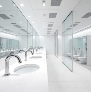 A row of polished chrome commercial bathroom faucets in a modern, high-traffic public restroom.