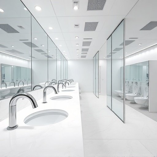 A row of polished chrome commercial bathroom faucets in a modern, high-traffic public restroom.