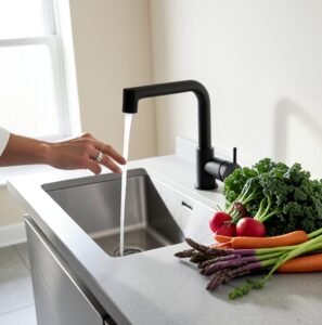 A matte black touchless kitchen faucet operating hands-free in a modern hygienic kitchen.