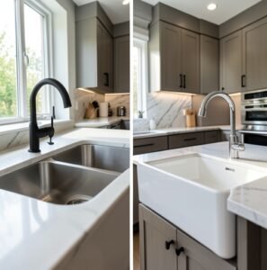 A comparison showing how to perfectly match different kitchen faucets with various sink types, including double-bowl and farmhouse designs.