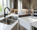 A comparison showing how to perfectly match different kitchen faucets with various sink types, including double-bowl and farmhouse designs.