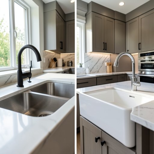 A comparison showing how to perfectly match different kitchen faucets with various sink types, including double-bowl and farmhouse designs.
